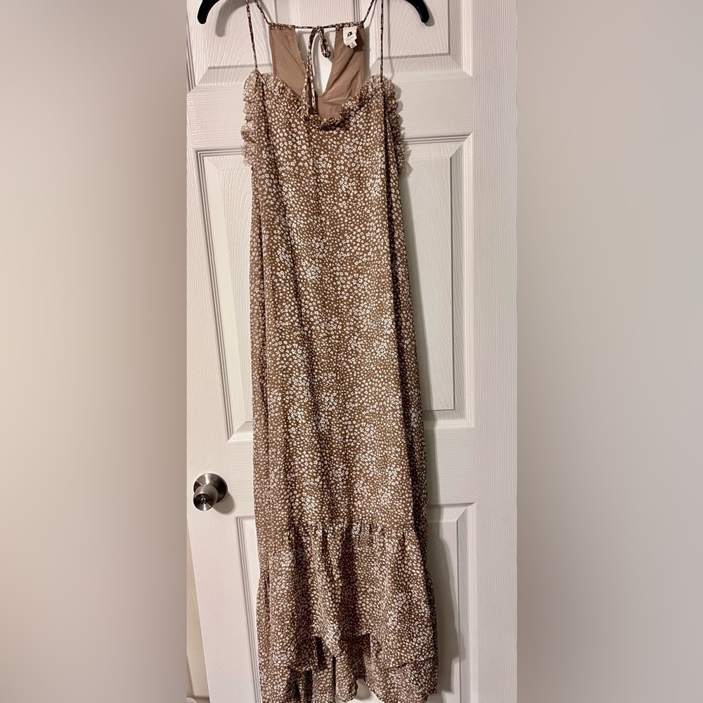 FLAWLESS Taupe Ditzy Print High Low Maxi Slip Dress with Spaghetti Straps -Small